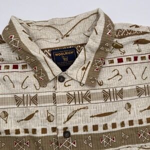 Woolrich Shirt Mens XL Tan Gray Allover Fish Print Short Sleeve Button Up Camp‎